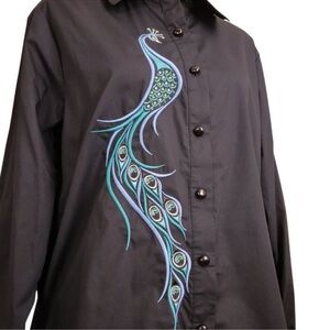 Bob Mackie Black Button Down Shirt with Peacock Embroidery